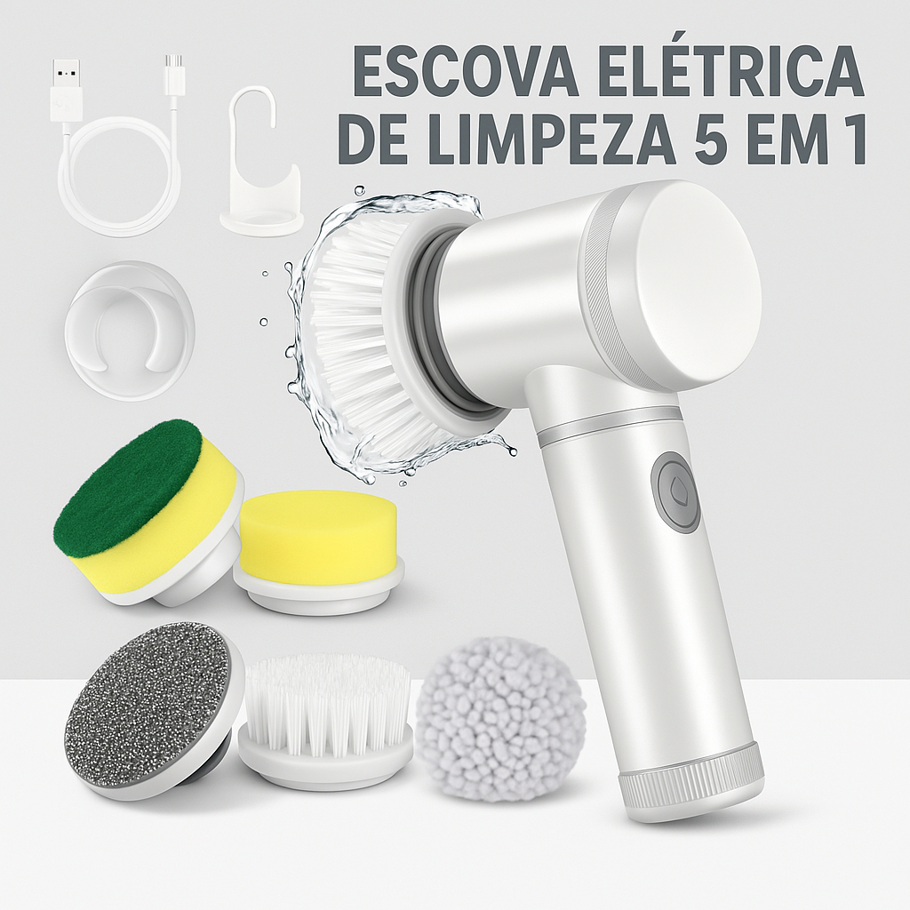 Escova Elétrica 5 em 1 Recarregável USB  Limpeza Sem Fio Multiuso Cozinha Banheiro
