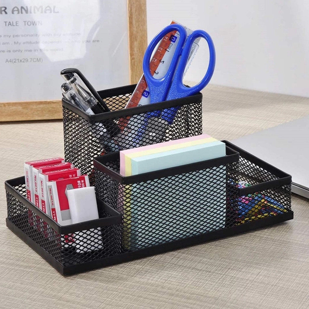 Porta Caneta Organizador De Metal Para Mesa Escritório Aramado Com Divisórias Multiuso