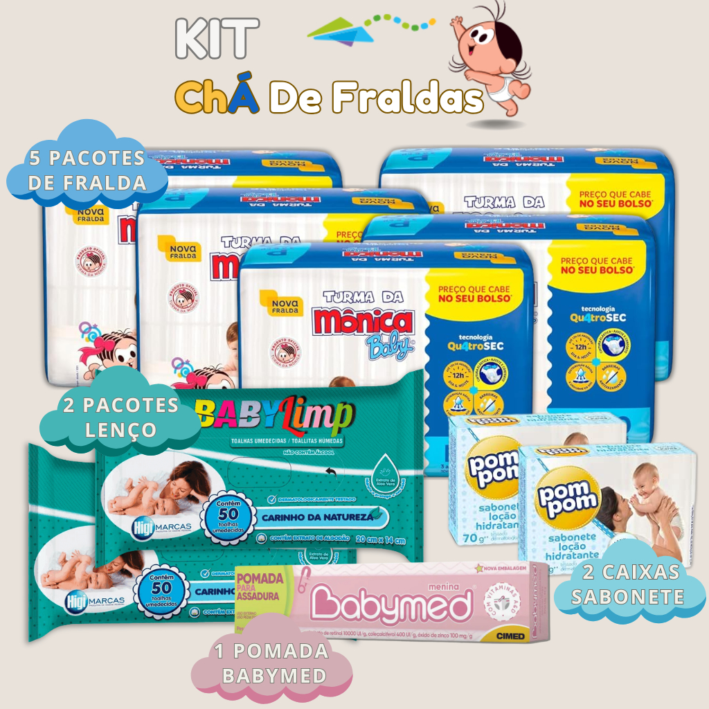 Kit Chá de Bebê 5 Pacote de Fralda Turma da Mônica + 2 Lenço Umedecido + 2 Sabonete + 1 Pomada