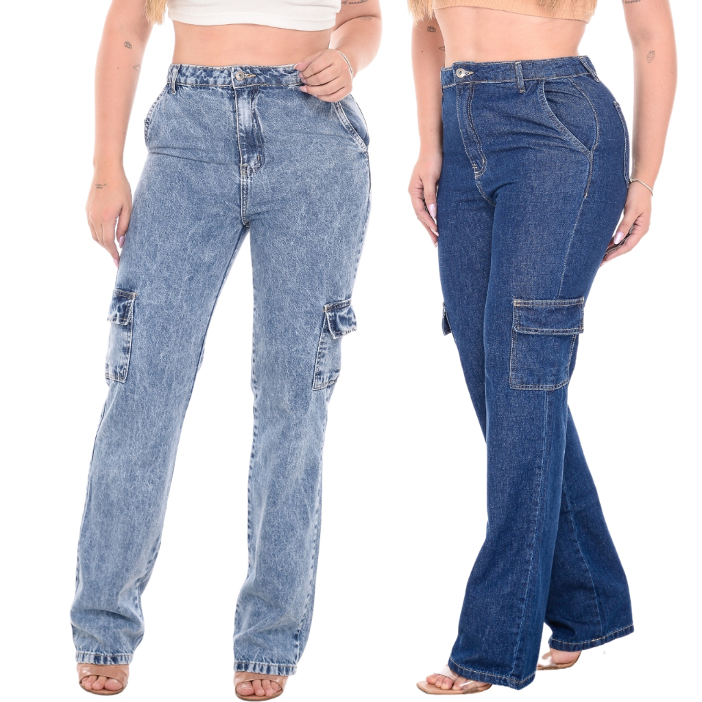 Calça Cargo Feminina Jeans Cintura Alta