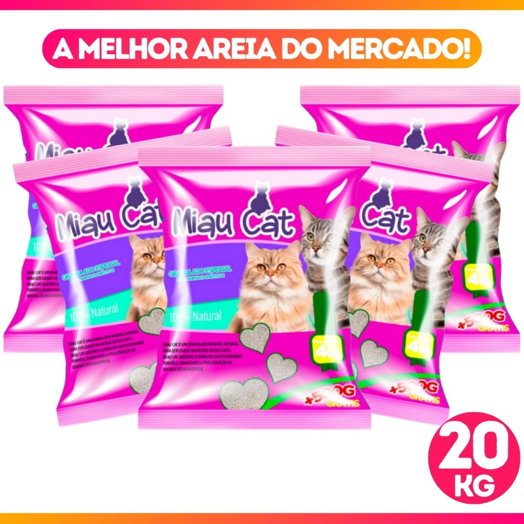 Kit Com 5 Pacotes de Areia Sanitária Antiodor Tira Cheiro Miaucat Para Gatos Tradicional 100%Natural