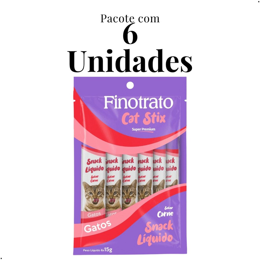 Kit 6 Sachês 15g  Finotrato Cat Stix Sabor Carne Alimento Snack Líquido Petisco Gatos Super Premium
