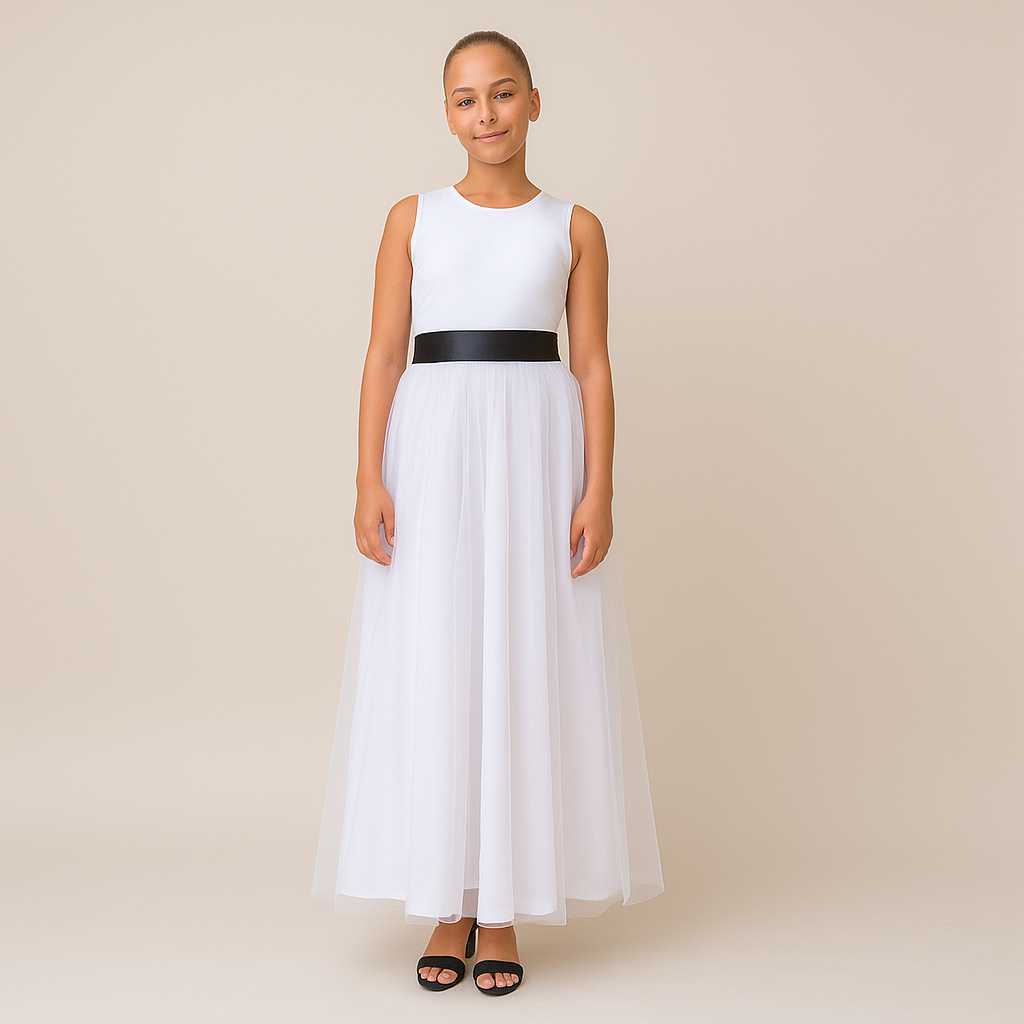 Vestido Longo Branco Dama de Honra Faixa Preta Infantil com Saia de Tule REF4072