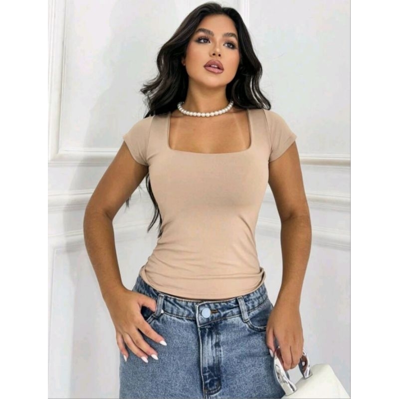 Blusa Baby Look Feminina Básica Com Decote Quadrado Com Manga Curta Moda Casual Versátil Blogueira