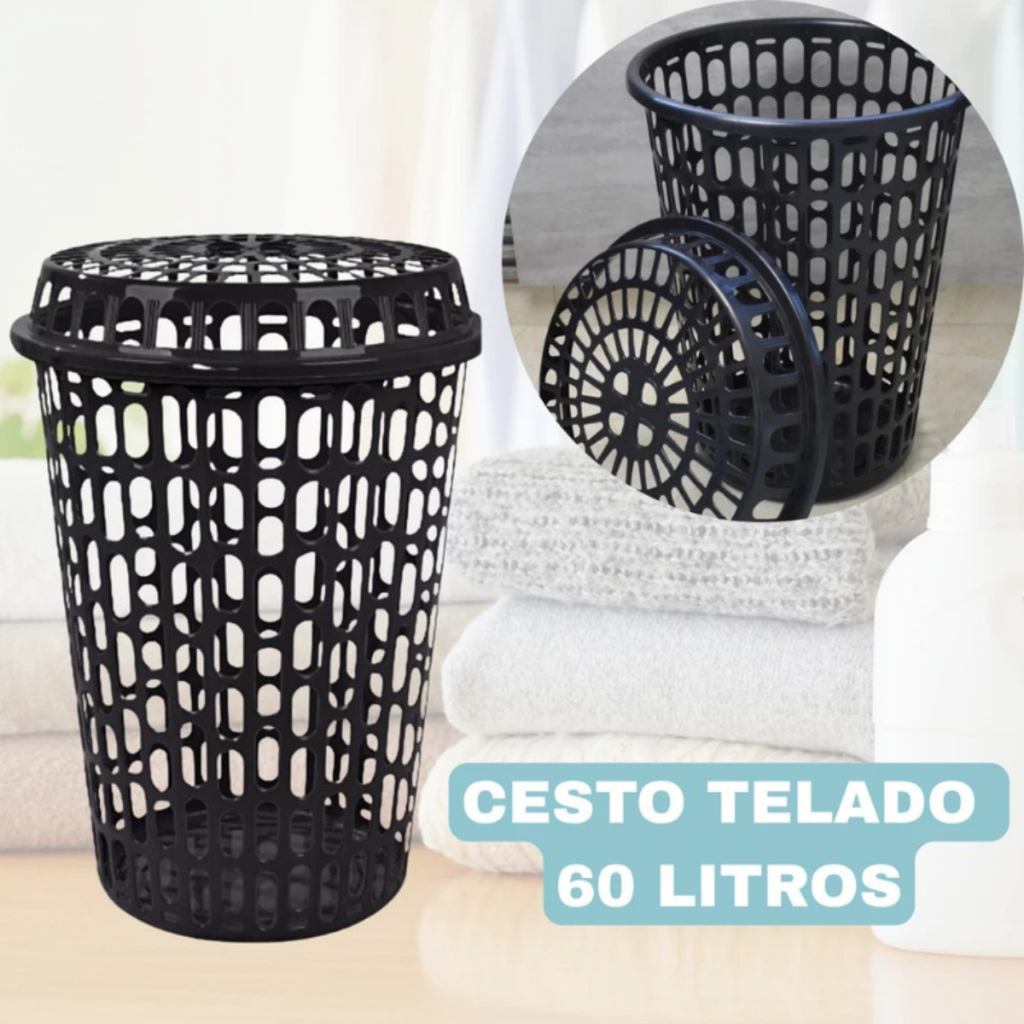 Cesto De Roupas Sujas Telado 60 Litros Com Tamppa Preto
