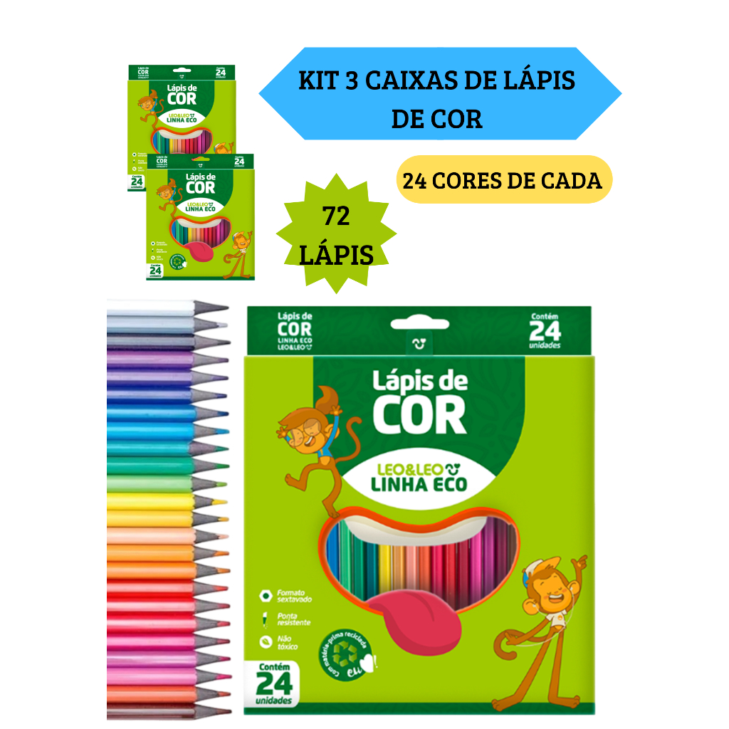 Kit 3 Caixas de Lápis de Cor Caixa com 24 Cores Escolar Sextavado LeoELeo