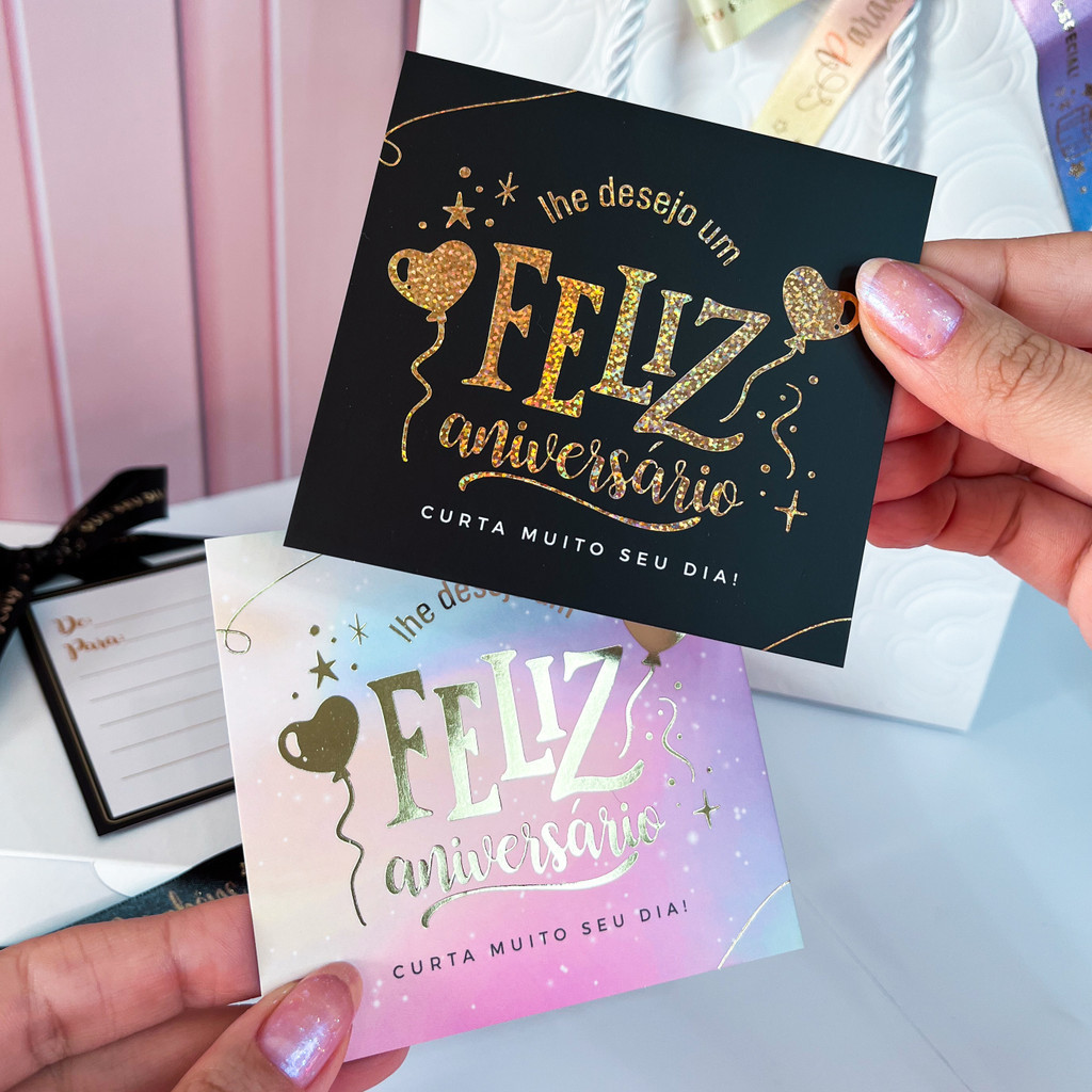 10 ou 25 Postais ANIVERSÁRIO – com Hotstamping – Cartões para presentes ou encomendas