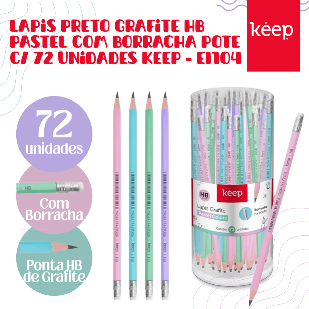 Kit Lápis Grafite Preto HB Cores Pastel com Borracha Pote c/ 72 Unidades Keep – EI104 *ENVIO NO MESM