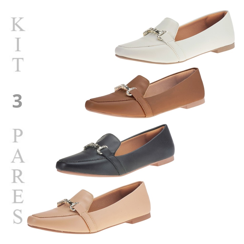 Sapatilha Feminina Bico Quadrado Elegante Macia Casual Kit 3 Pares Mocassim Sapato Rasteiro 160 Prom