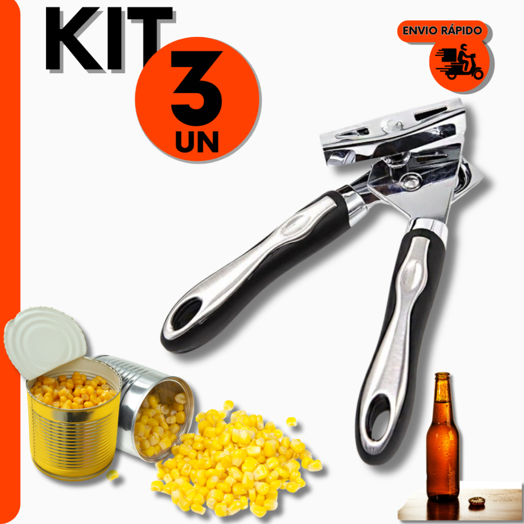 Kit Abridor Multifuncional de Latas e Garrafas Profissional Aço Inox Para Cozinha Restaurante e Bar