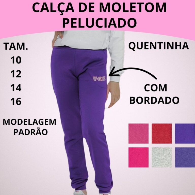 Calça Juvenil Moletom Peluciado 2 Bolsos Bordado 