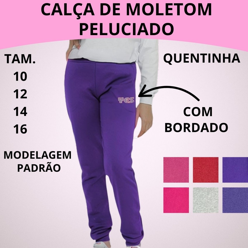 Calça Juvenil Moletom Peluciado 2 Bolsos Bordado Cós Punho em Ribana 2787-A