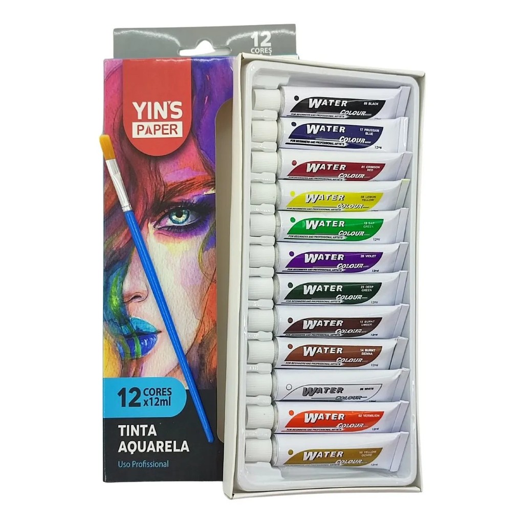 Tinta Aquarela Water Colors Bisnaga 12 Cores Com pincel profissionais e amadores – Yins