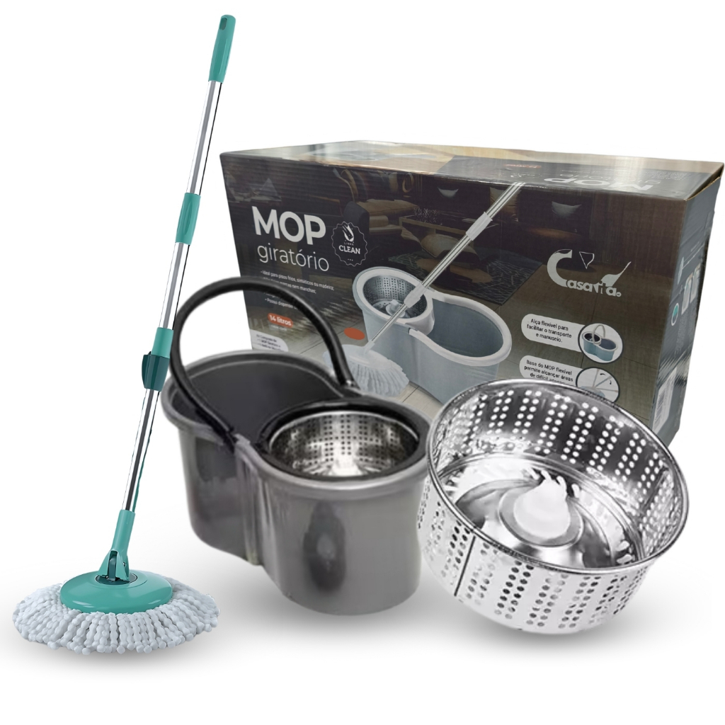 Mop Com Centrifuga Inox e Cabo em Inox Com Refil de Microfibra 9 Litros Mopi