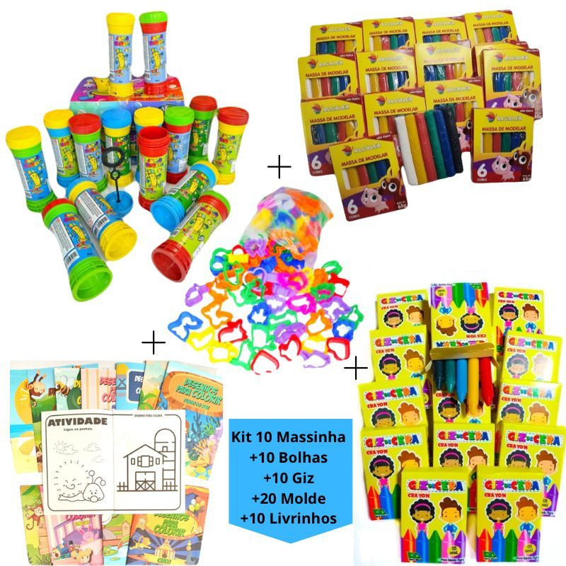 Kit 10 Cx Massinha de Modelar + 10 Bolha Sabão+ 10 Cx Giz Cera +20 Molde + 10 Livrinhos Colorir Lemb