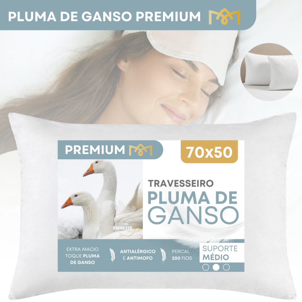 Travesseiro Pluma De Ganso Sintética Hipoalergênico Toque Macio Suave Firme Conforto Luxo Premium