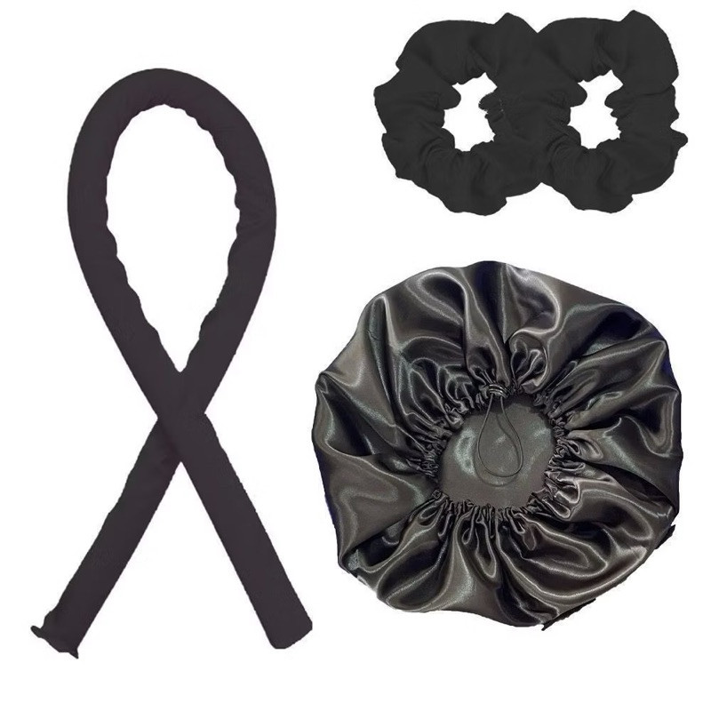 KIT 4 Peças Com Modelador de Cachos Heatless em Cetim + 2 Xuxinha Cetim + Touca Dupla Face – Protege