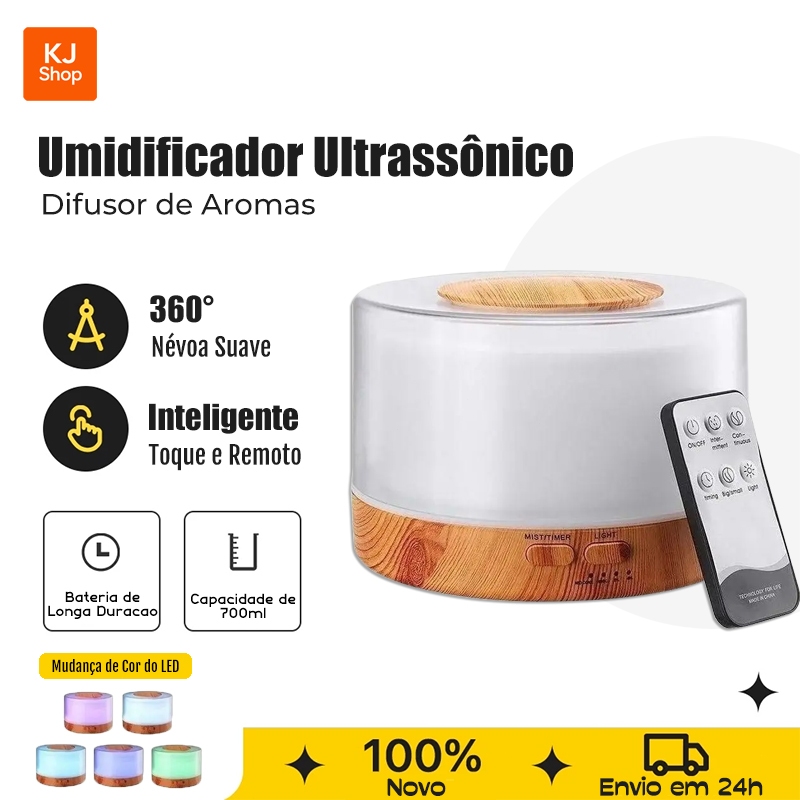 Umidificador de Ar Difusor de Aromas 500ml Óleo Essencial Aromaterapia Com Controle e Led 7 Cores