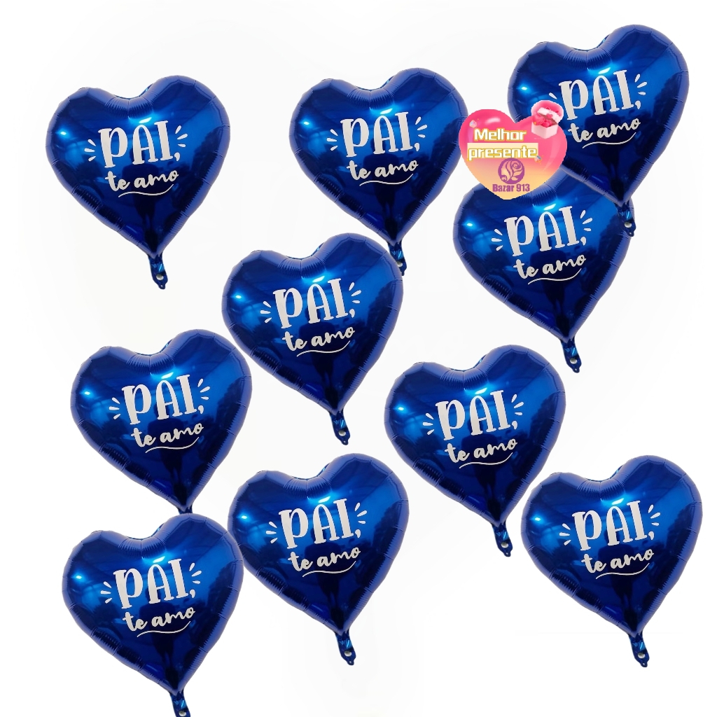 Kit 10 Balão Pequeno 22cm Metalizado Coração Azul para Dia Dos Pais Festas Decoração