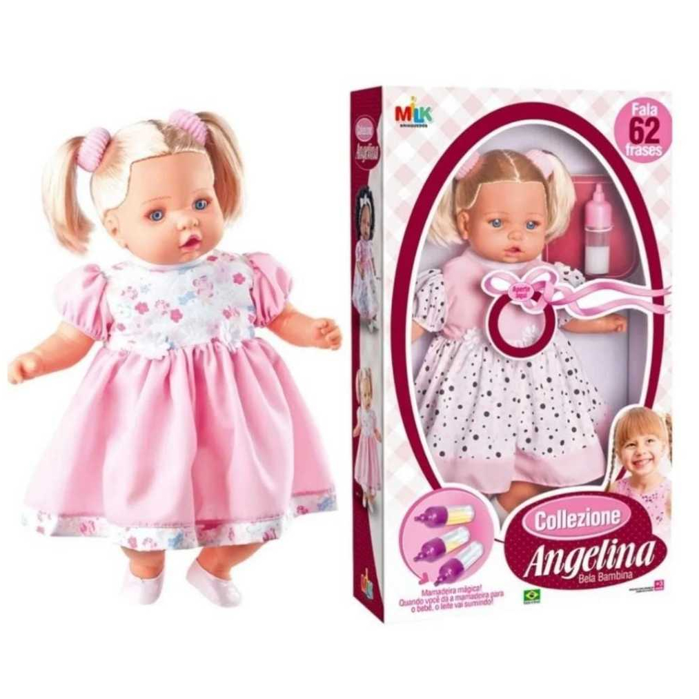 Boneca Grande Angelina Loira Fala 62 Frases Tipo Reborn Com Mamadeira Milk Brinquedos
