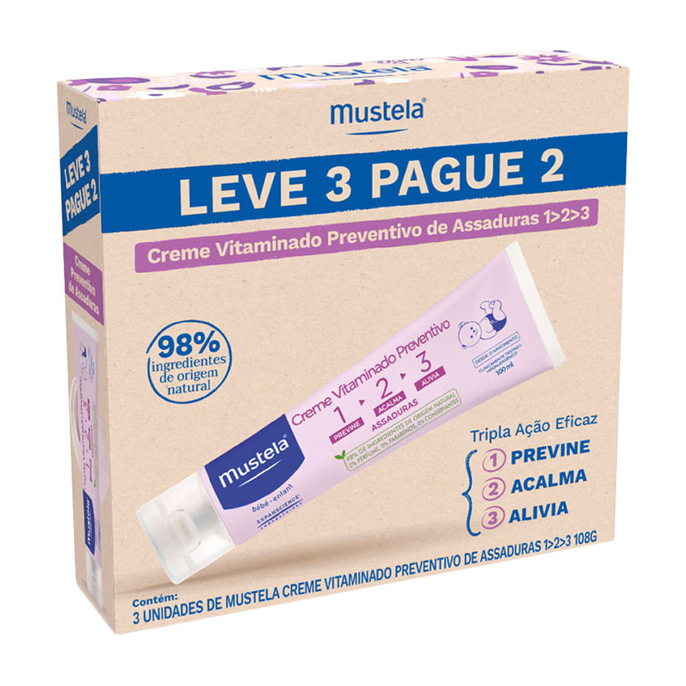 Kit Mustela Creme Vitaminado Preventivo de Assaduras 1 2 3 108g Leve 3 Pague 2