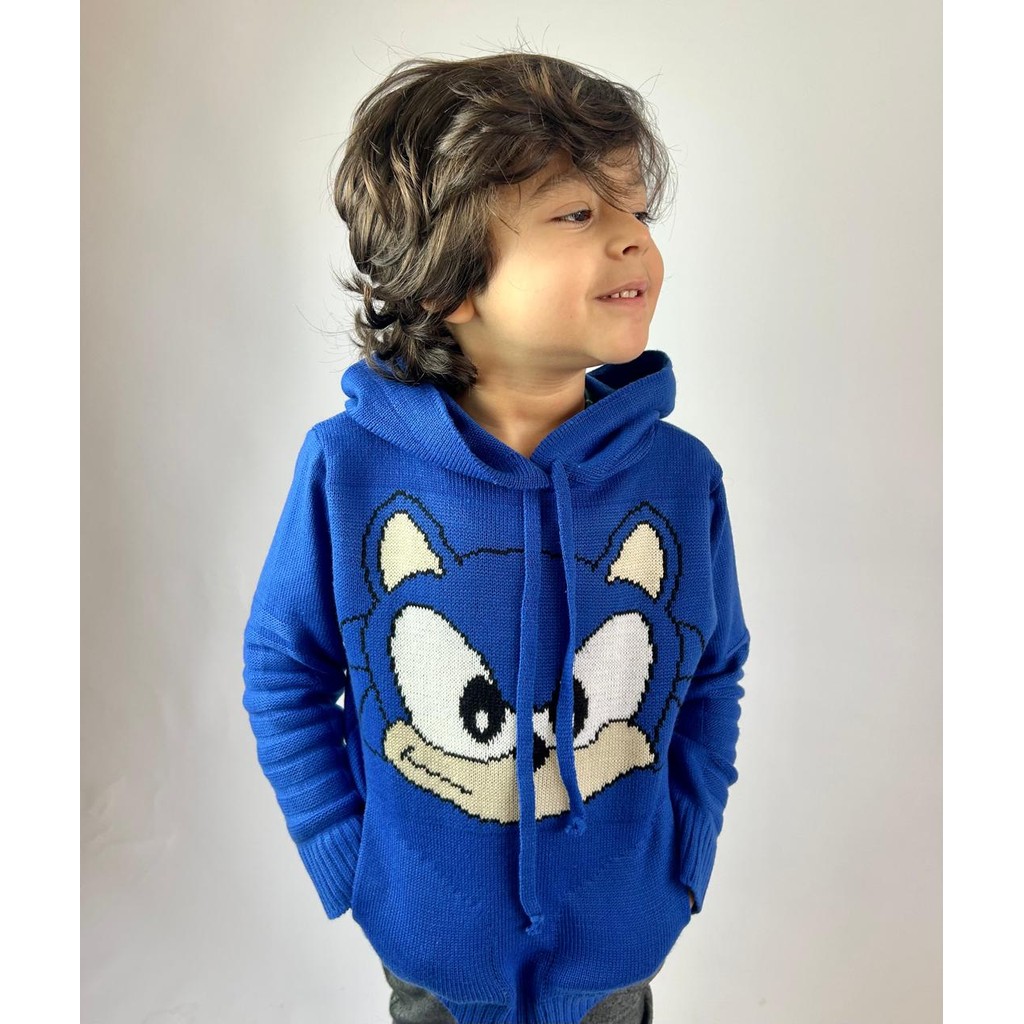 Blusa Tricô Lã Infantil Inverno Capuz Bolso Links Manga longa Sonic Moletom.