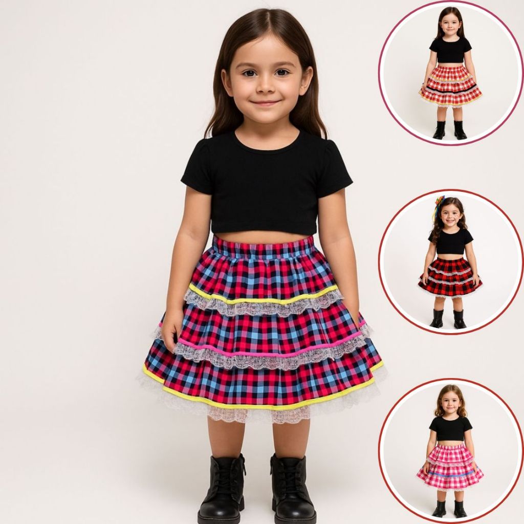 Saia Curta Infantil Rodado Xadrez Roupa Junina Menina Com Renda