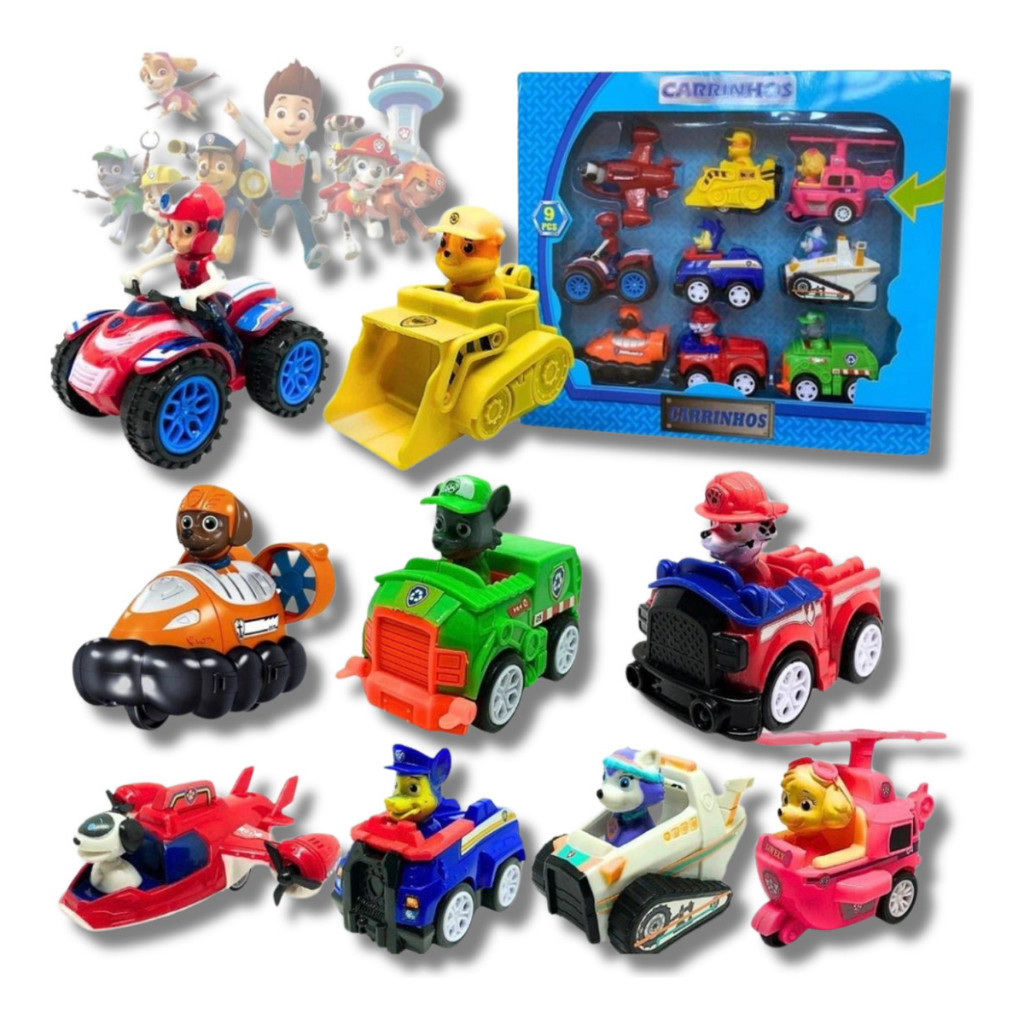 Kit Patrulha Canina 9 carrinhos Fricção coleção Brinquedos Sunny Marshall Rocky Zuma Ryder Chase