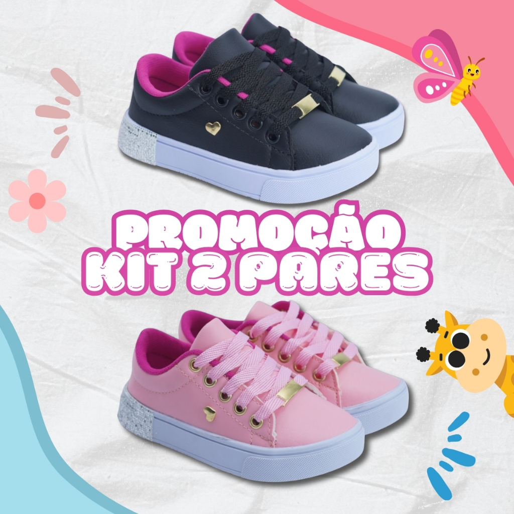 Kit 2 Pares Tênis Infantil Feminino Ultra Confortável Escolar Leve 25-36 Envio Rápido