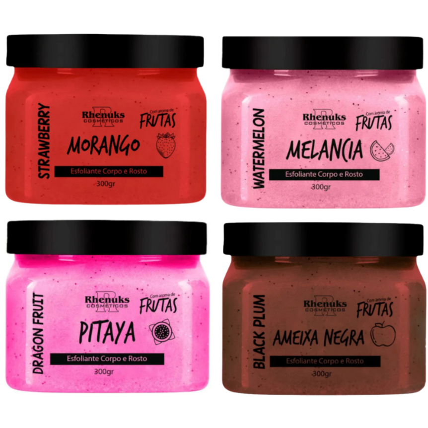 Kit 04 Esfoliante Corpo e Rosto 300g – Morango, melancia, pitaya, ameixa negra