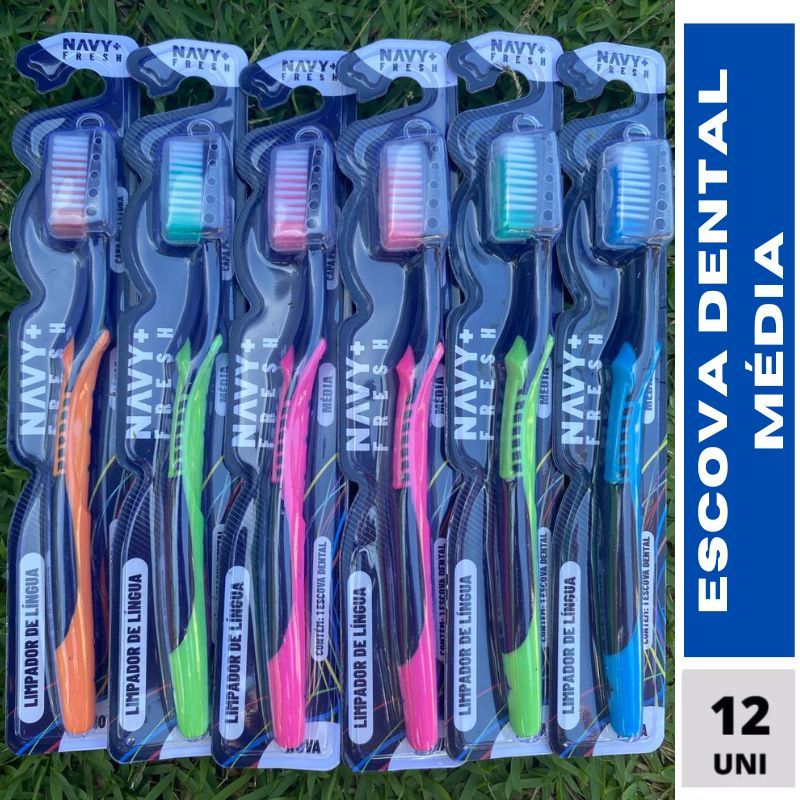 Kit Pacote Com 12 Escovas Dental Média Adulto Com Capa Protetora e Limpador De Lingua