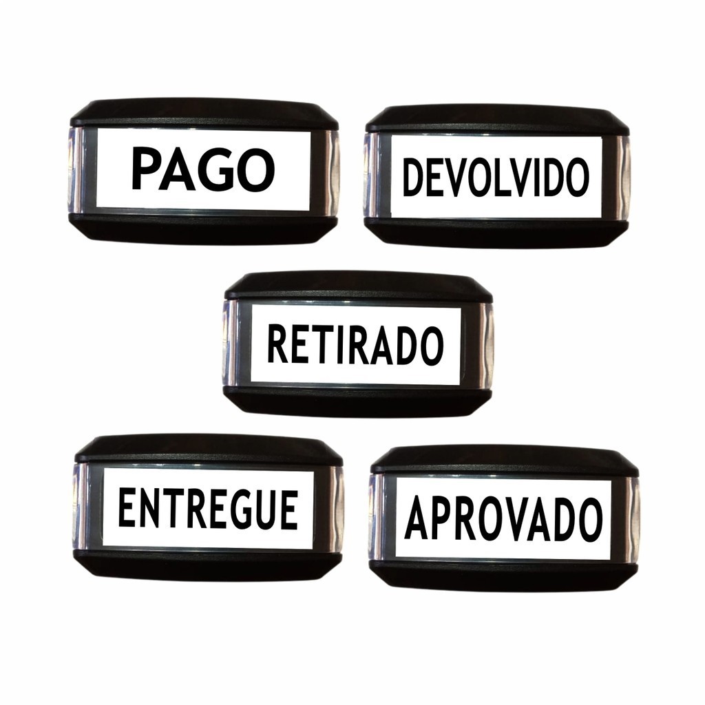Kit 5 Carimbos Automatico com Dizeres Variados – PAGO – DEVOLVIDO – RETIRADO – ENTREGUE – APROVADO