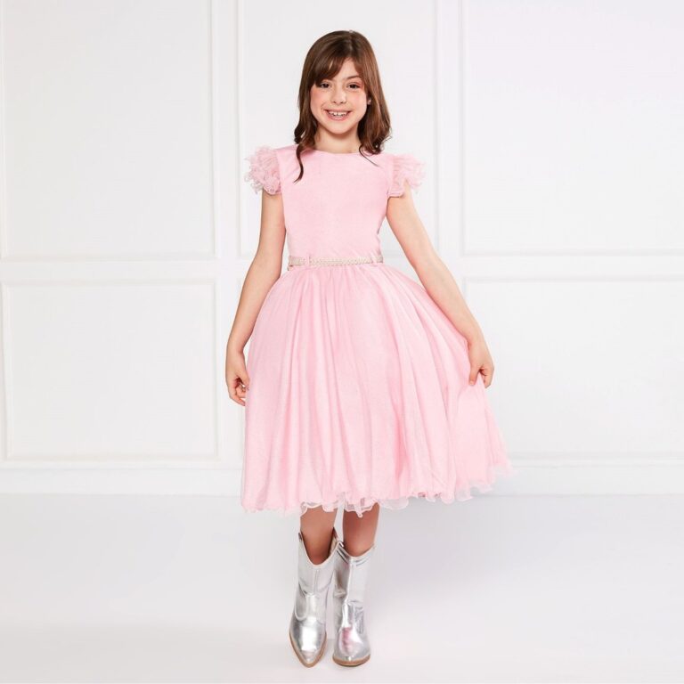 Vestido Glitter Rosa Manga Godê De Festa Infantil
