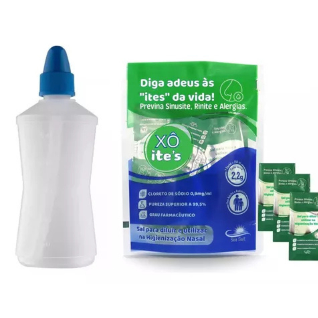 Soro Fisiológico em Pó Para Lavagem Nasal Kit 60 Sachês + Frasco 250ml Lavador e Higienizador Nasal