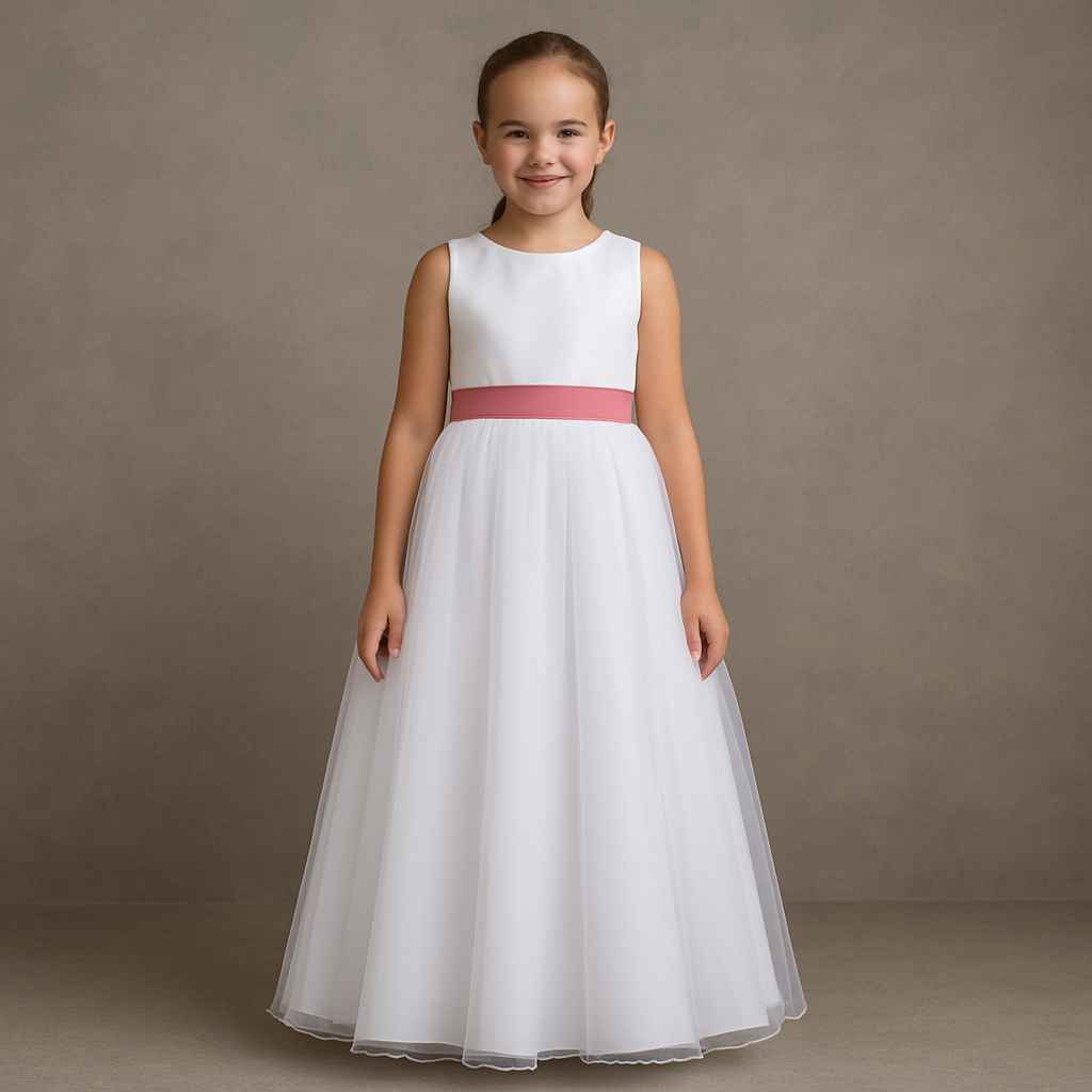 Vestido Longo Branco Dama de Honra Faixa Rose Rosa Velho Rosa Canela Infantil com Saia Tule REF4072