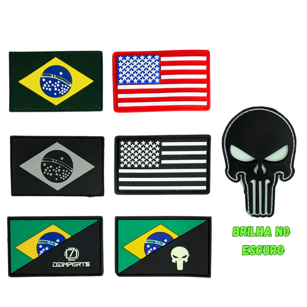 Patch Bandeira Emborrachada 3d Patch C/ Velcro Militar Tático Brasil Caveira USA Para Mochila Tática