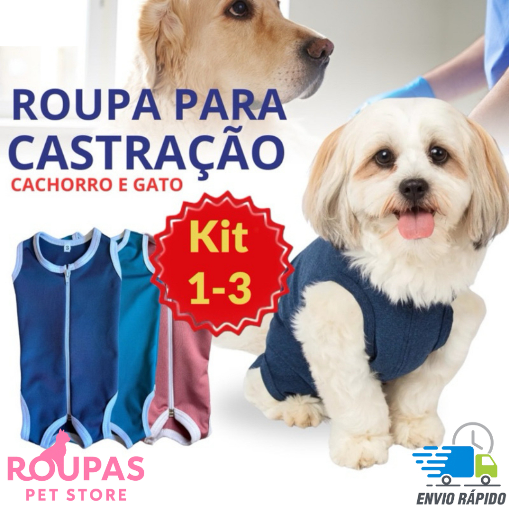 Kit 1-3 Roupa Castração Protetora para cães e gatos pós cirúrgica macho e fêmea – Tamanho 1 ao 16