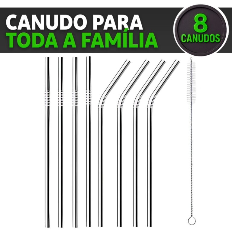 Combo 08 Canudos Inox Curvos com Escova Ecológico