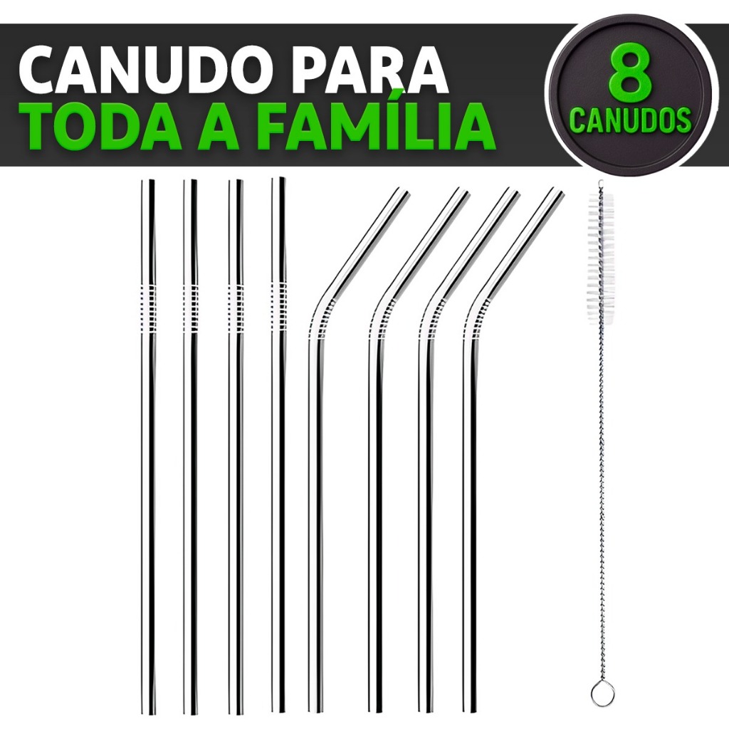 Combo 08 Canudos Inox Curvos com Escova Ecológico Reutilizáveis Laváveis