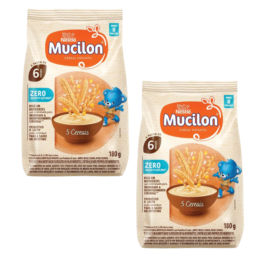 Kit 2 Cereal Infantil Mucilon 5 Cereais Zero Açúcares – 180g