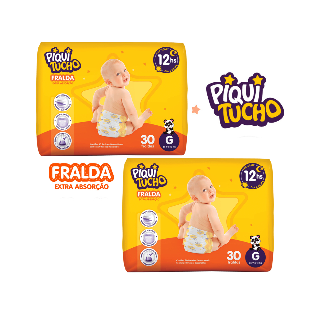 2 Pacotes Fralda Descartável Pequerrucho G | 60 Unidades + Conforto Extra | Kit Econômico