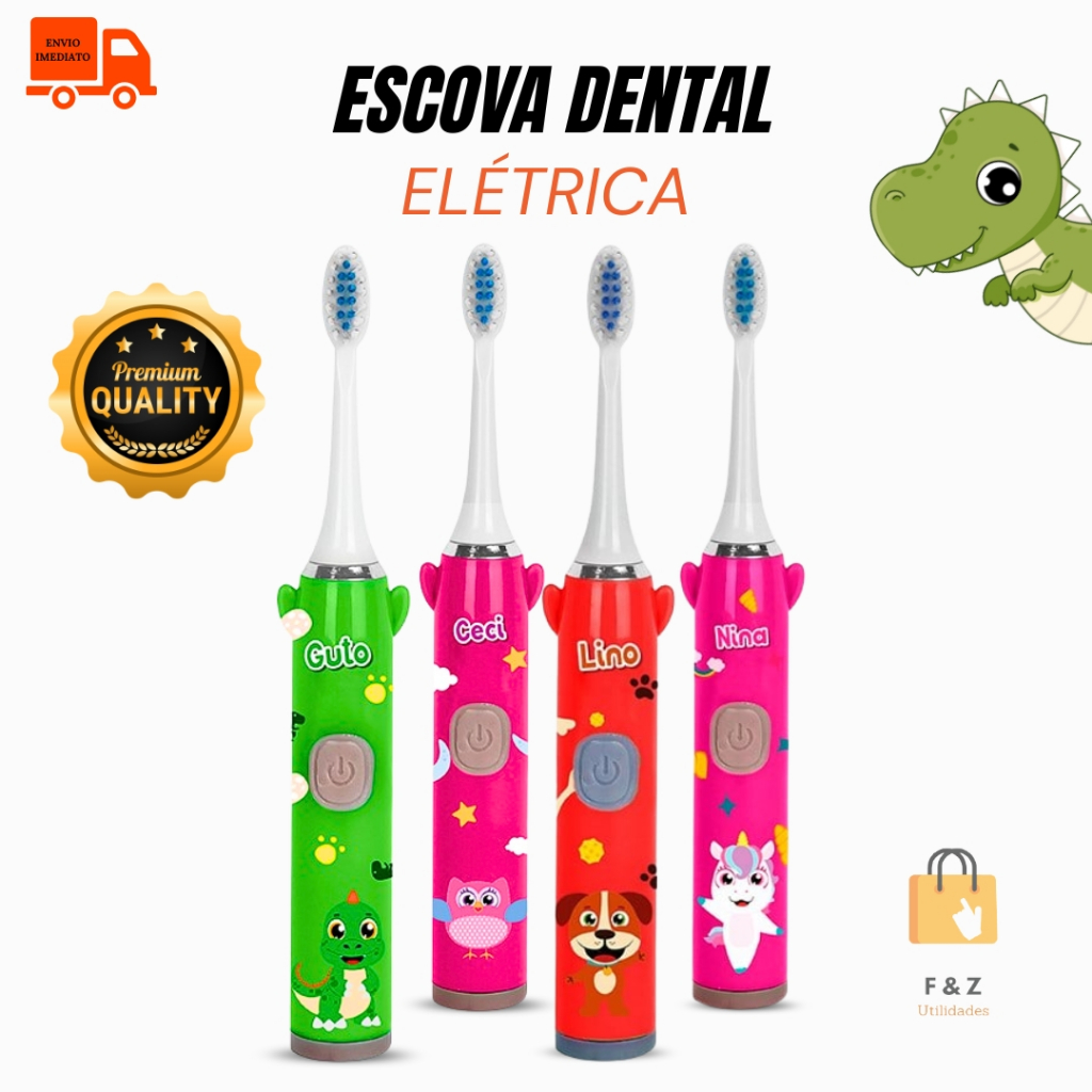 Escova de Dente Infantil Elétrica Com  Refil Cerdas Macias Escova Dental Temporizador 2 Minutos À Pi