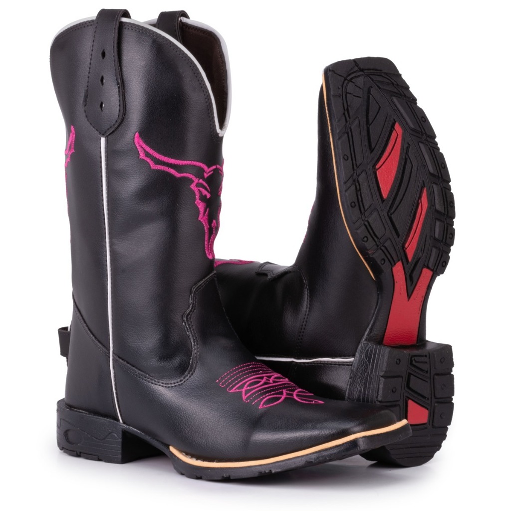 Bota Texana Feminina Country Bico Quadrado Solado De Borracha Bordado Touro Black Pink