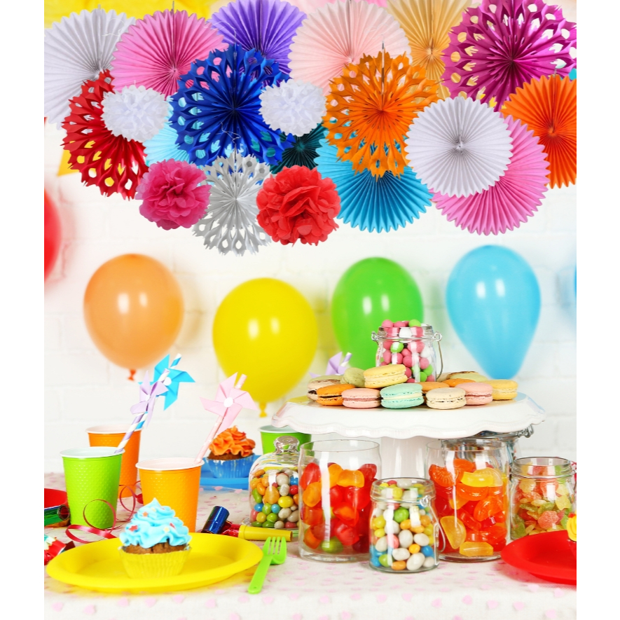 Enfeite Leque de Papel Colorido Roseta para Decoração de Festas Aniversários Casamentos