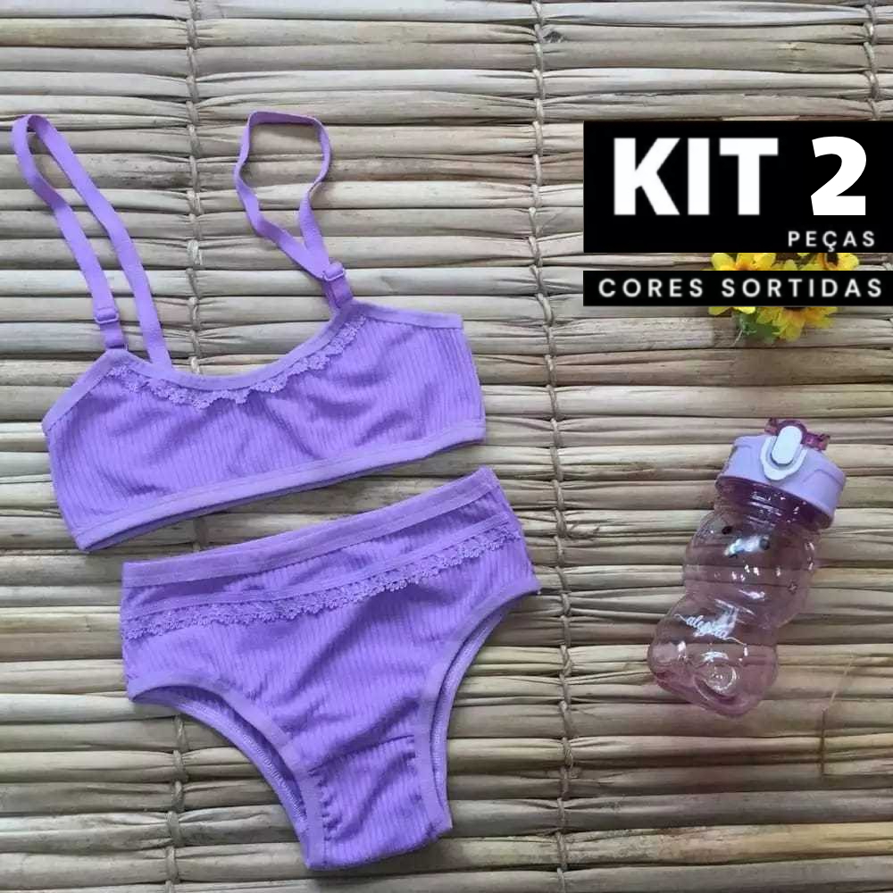 Kit C/2 ou 1 Conjunto Infantil Canelado Top Sem Bojo + Calcinha com Forro em Algodão Edumara
