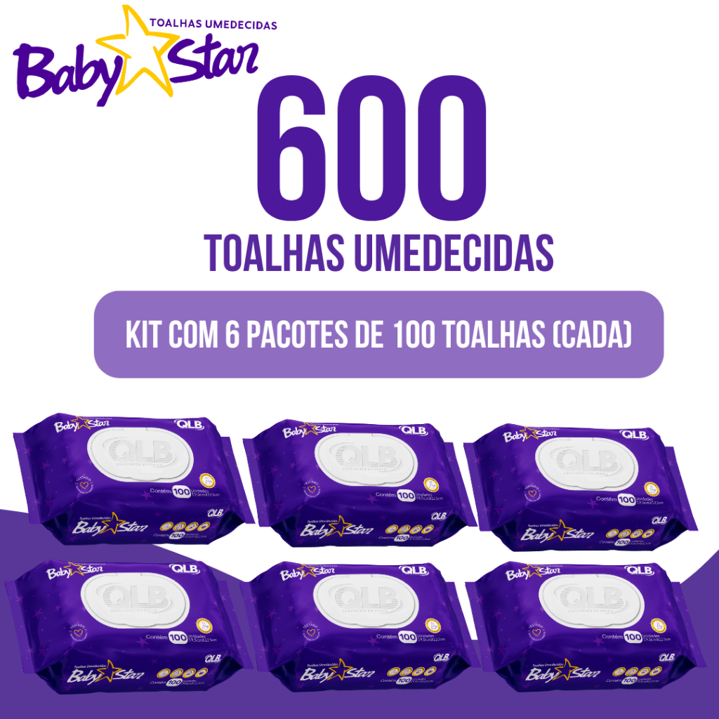 Caixa com 6 Lenços/Toalhas Umedecidas Baby Star Roxa c/ 100 Unidades Cada – Tampa FlipTop