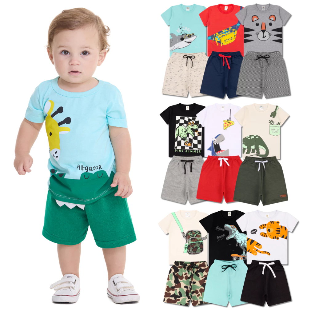 Kit Sortido 6 Peças de Roupas Infantil Bebê Menino (3 Camisetas + 3 Bermudas) Kit Com 3 Conjuntos Be