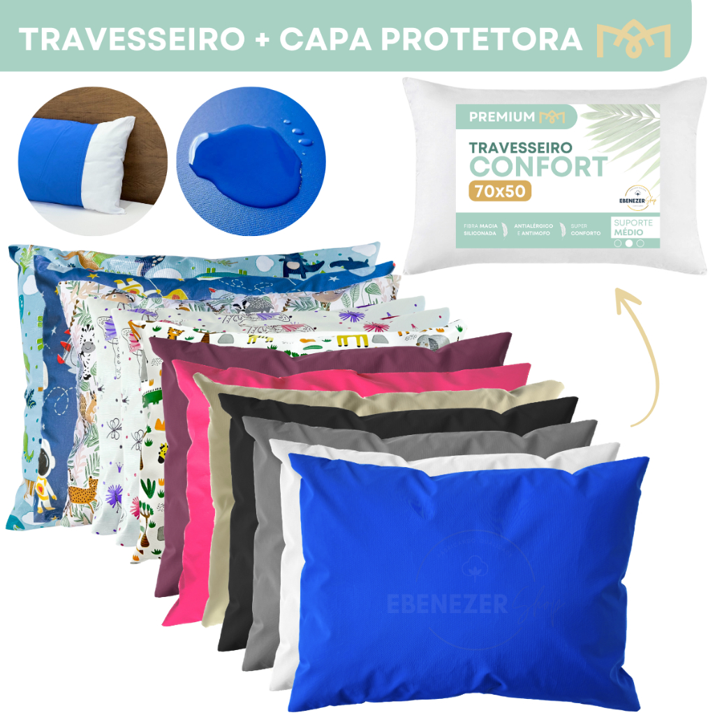 Travesseiro Fibra Siliconada Antialérgico C/ Protetor Impermeável Silencioso Antiácaro Macio Premium