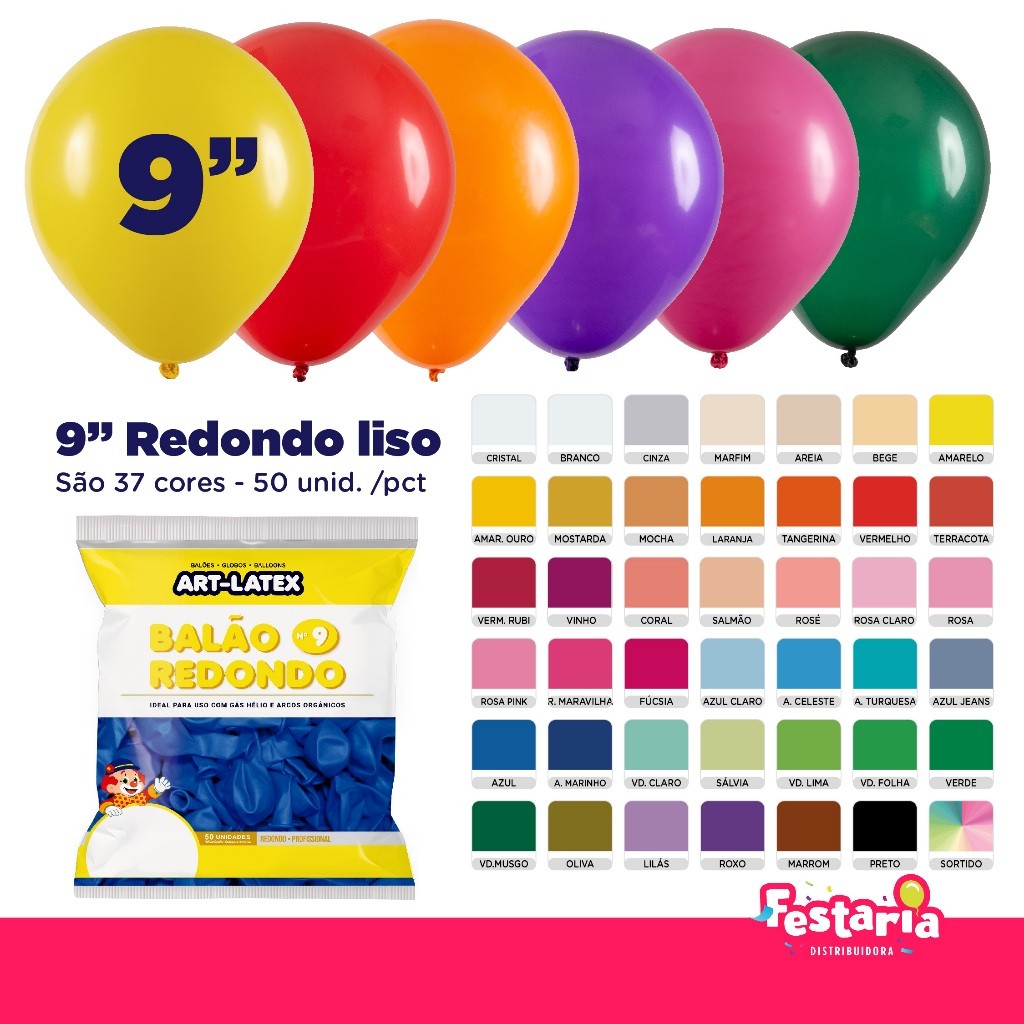 Balão Redondo 9 Diversas Cores   12 Unidades  Art Latex