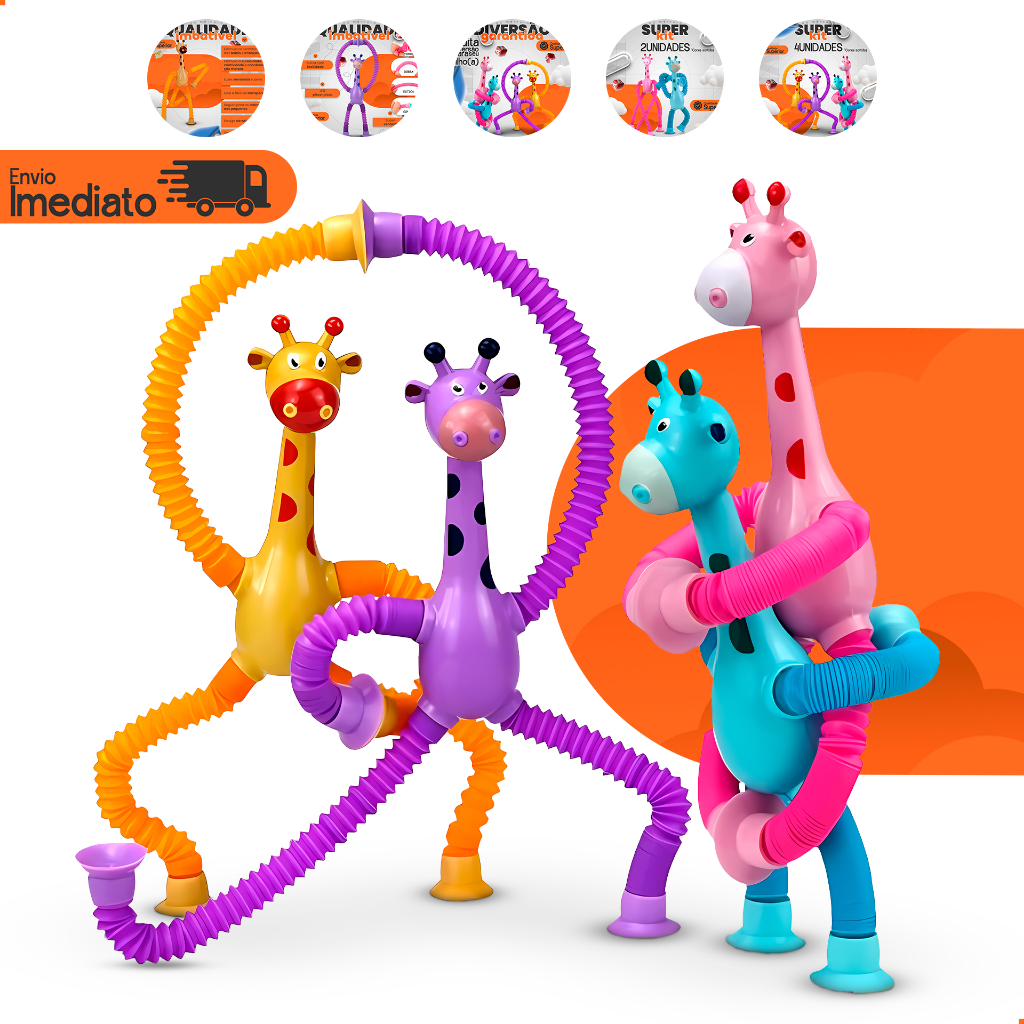 Kit 4 Girafas Sucção Pop Tube Luz Led com Ventosa Estica Brinquedo Infantil Anti Stress Dute Toy